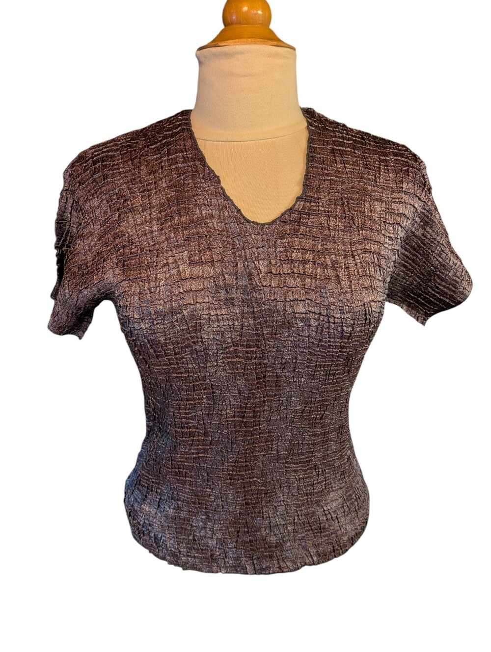 Plisse Like New Brown Bronze Crinkled V Neck Short Sleeve Top Size Medium